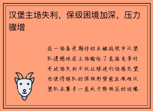 汉堡主场失利，保级困境加深，压力骤增